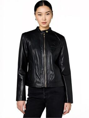 Cole Haan Black 100% Genuine Leather Jacket Zip Front Moto Lambskin Fully Lined